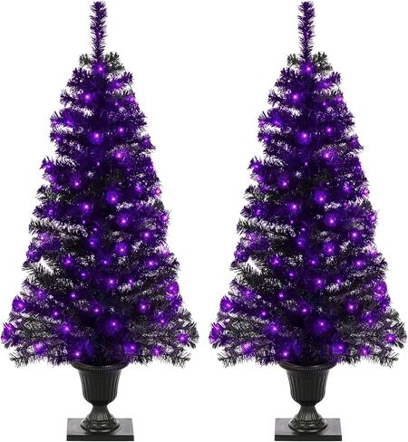 4FT Prelit Black Halloween Christmas Tree 2-Pack Artificial Potted Halloween Tree with 100 Purple LEDs Battery Powered & 8 Lighting Modes for Halloween Porch Entrance Decorations in Saudi Arabia