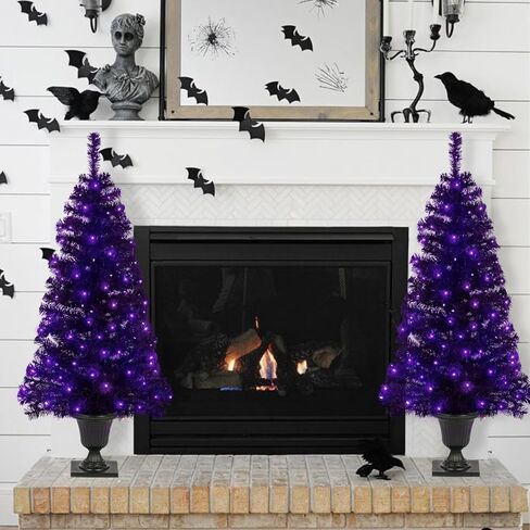 4FT Prelit Black Halloween Christmas Tree 2-Pack Artificial Potted Halloween Tree with 100 Purple LEDs Battery Powered & 8 Lighting Modes for Halloween Porch Entrance Decorations in Saudi Arabia