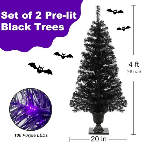 4FT Prelit Black Halloween Christmas Tree 2-Pack Artificial Potted Halloween Tree with 100 Purple LEDs Battery Powered & 8 Lighting Modes for Halloween Porch Entrance Decorations in Saudi Arabia