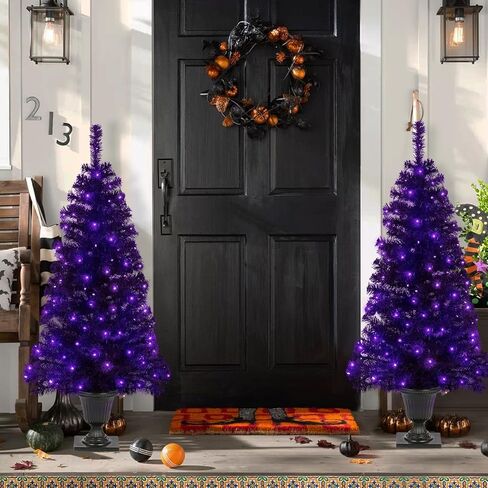 4FT Prelit Black Halloween Christmas Tree 2-Pack Artificial Potted Halloween Tree with 100 Purple LEDs Battery Powered & 8 Lighting Modes for Halloween Porch Entrance Decorations in Saudi Arabia