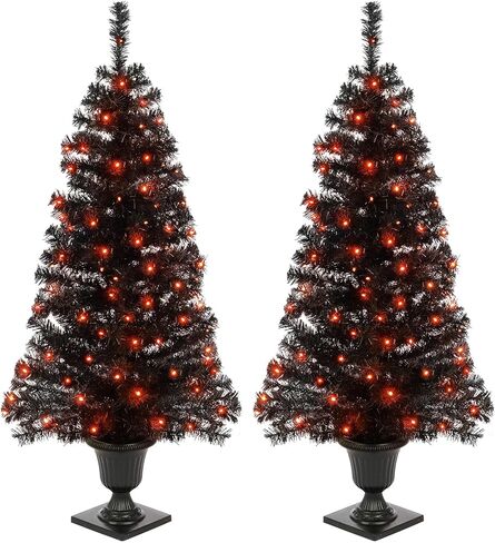4FT Prelit Black Halloween Christmas Tree 2-Pack Artificial Potted Halloween Tree with 100 Purple LEDs Battery Powered & 8 Lighting Modes for Halloween Porch Entrance Decorations in Saudi Arabia