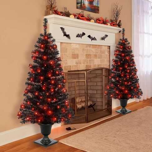 4FT Prelit Black Halloween Christmas Tree 2-Pack Artificial Potted Halloween Tree with 100 Purple LEDs Battery Powered & 8 Lighting Modes for Halloween Porch Entrance Decorations in Saudi Arabia