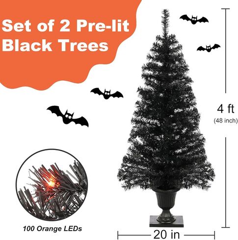 4FT Prelit Black Halloween Christmas Tree 2-Pack Artificial Potted Halloween Tree with 100 Purple LEDs Battery Powered & 8 Lighting Modes for Halloween Porch Entrance Decorations in Saudi Arabia