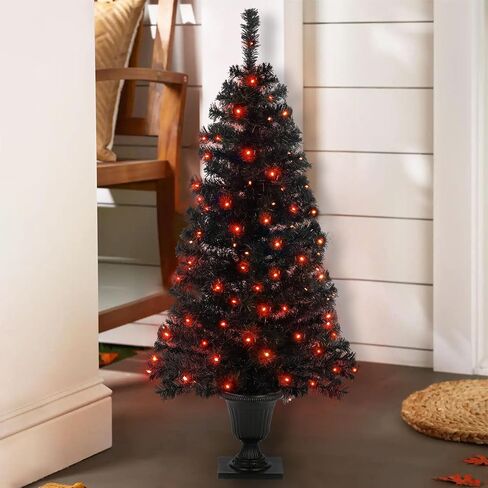 4FT Prelit Black Halloween Christmas Tree 2-Pack Artificial Potted Halloween Tree with 100 Purple LEDs Battery Powered & 8 Lighting Modes for Halloween Porch Entrance Decorations in Saudi Arabia