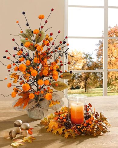 Fall Table Tree, Tabletop Artificial Fall Tree with Sunflowers Berries Maple Leaves Burlap Base Fall Decorations for Autumn Office Home Harvest Thanksgiving Party in Saudi Arabia