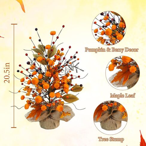 Fall Table Tree, Tabletop Artificial Fall Tree with Sunflowers Berries Maple Leaves Burlap Base Fall Decorations for Autumn Office Home Harvest Thanksgiving Party in Saudi Arabia