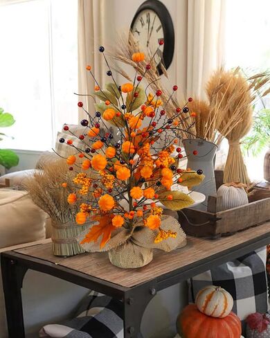 Fall Table Tree, Tabletop Artificial Fall Tree with Sunflowers Berries Maple Leaves Burlap Base Fall Decorations for Autumn Office Home Harvest Thanksgiving Party in Saudi Arabia