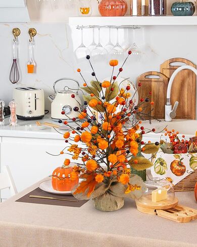 Fall Table Tree, Tabletop Artificial Fall Tree with Sunflowers Berries Maple Leaves Burlap Base Fall Decorations for Autumn Office Home Harvest Thanksgiving Party in Saudi Arabia