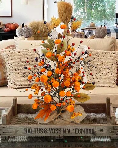 Fall Table Tree, Tabletop Artificial Fall Tree with Sunflowers Berries Maple Leaves Burlap Base Fall Decorations for Autumn Office Home Harvest Thanksgiving Party in Saudi Arabia