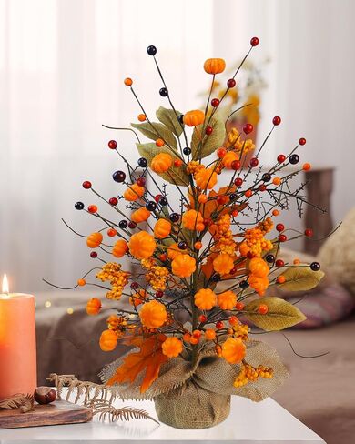 Fall Table Tree, Tabletop Artificial Fall Tree with Sunflowers Berries Maple Leaves Burlap Base Fall Decorations for Autumn Office Home Harvest Thanksgiving Party in Saudi Arabia