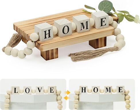 2 Packs Farmhouse Wooden Beads with Small Wooden Tray Home & Love Block Sign Home Decor Beads with Tassel Modern Wood Risers for Decor Wood Pedestal Stand for Bottles Candles Table Shelf Living Room in Saudi Arabia