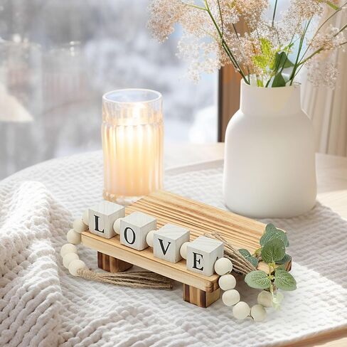 2 Packs Farmhouse Wooden Beads with Small Wooden Tray Home & Love Block Sign Home Decor Beads with Tassel Modern Wood Risers for Decor Wood Pedestal Stand for Bottles Candles Table Shelf Living Room in Saudi Arabia