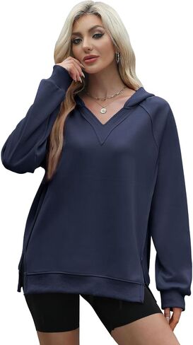 Wenlia Women's Hoodies V Neck Side Slit Casual Sweatshirts Long Sleeve Pullover Fall Preppy Clothes 2024 Trendy in Saudi Arabia