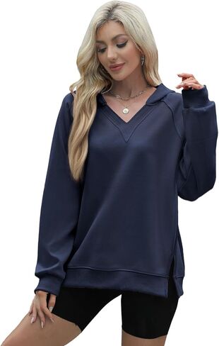 Wenlia Women's Hoodies V Neck Side Slit Casual Sweatshirts Long Sleeve Pullover Fall Preppy Clothes 2024 Trendy in Saudi Arabia