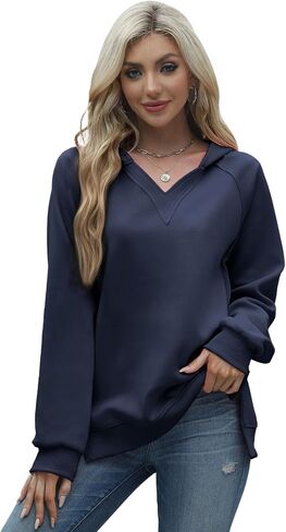 Wenlia Women's Hoodies V Neck Side Slit Casual Sweatshirts Long Sleeve Pullover Fall Preppy Clothes 2024 Trendy in Saudi Arabia