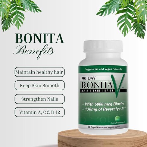 Bonita V Vegan Hair Nails and Skin Vitamins for Women - 20 Active Ingredients Including Biotin, Revytalyz 5 - Stronger Nails, Healthy Skin, Hair Growth Vitamins - 90 Veggie Tablets in Saudi Arabia