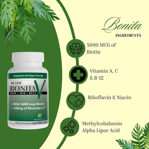 Bonita V Vegan Hair Nails and Skin Vitamins for Women - 20 Active Ingredients Including Biotin, Revytalyz 5 - Stronger Nails, Healthy Skin, Hair Growth Vitamins - 90 Veggie Tablets in Saudi Arabia