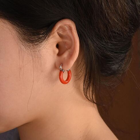 Medium Size Enhanced Gemstone Red Orange Coral Blue Turquoise Pink Jade Black Onyx Round Tube Hoop Earrings Western Jewelry For Women Teen .925 Sterling Silver .75 Inch Diameter in Saudi Arabia