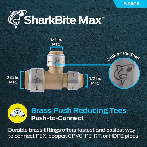 SharkBite Max 3/4 Inch x 3/4 Inch x 1/2 Inch Reducing Tee, Push To Connect Brass Plumbing Fitting, PEX Pipe, Copper, CPVC, PE-RT, HDPE, UR412A in Saudi Arabia