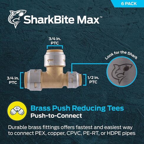 SharkBite Max 3/4 Inch x 3/4 Inch x 1/2 Inch Reducing Tee, Push To Connect Brass Plumbing Fitting, PEX Pipe, Copper, CPVC, PE-RT, HDPE, UR412A in Saudi Arabia