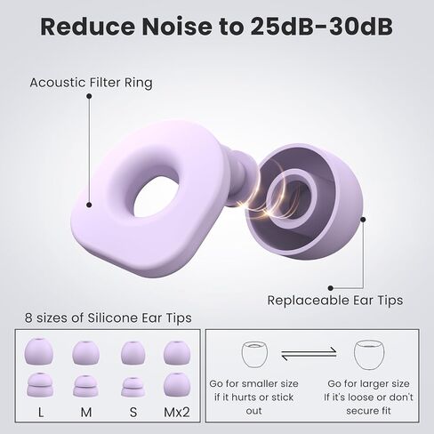 2 Pairs of Earplugs for Sleeping,Reusable Hearing Protection Earplugs with 8 Pairs Ear Tips & One Connector Cord,Soft Earplugs for Noise Reduction,Concert,Musician & Work - 25dB-30dB in Saudi Arabia