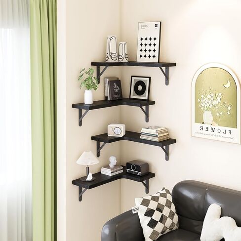 Set of 4 Floating Corner Shelves, 4 Pack Wood Floating Shelves for Wall, Brown Floating Shelf, Corner Wall Shelf, Floating Bookshelf, Bathroom Storage Shelves for Home Decor, Bedroom, Living Room in Saudi Arabia