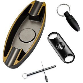 Cigar Ashtray Set of 4 with V-Cut Cutter, Straight Cutter Punch and Cigar Draw Enhancer Tool