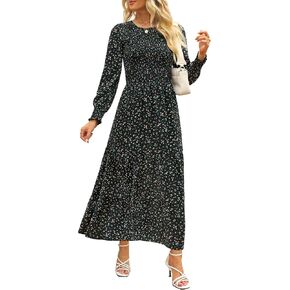 Annebouti Women's 2026 Spring Casual Long Sleeve Maxi Dress Boho Floral Smocked A-Line Modest Wedding Guest Long Dresses in Kuwait