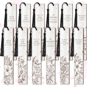 12 Pcs Bookshelf Wooden Bookmarks for Book Lovers Wood Book Mark with Tassel Bulk Vintage Bookmarks for Reading Men Women Teacher Student Kids Gifts Birthday Book Club Party Favors 6 Designs