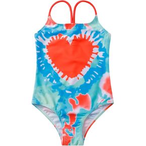 LIZENS Girls' One Piece Swimsuit Stylish Swimwear for Kids Red Bathing Suit with Love Print