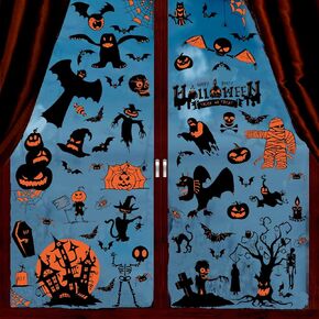 Halloween Window Stickers, 82 PCS Halloween Window Decorations, Double-Sided Bat Spider Skull Black Cat Pumpkin Spooky Halloween Window Stickers for Glass Windom Indoor and Outdoor Home Decorations