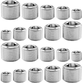 20 Pcs Stainless Steel Pipe Plug Fitting Assortment Kit, 5 Sizes 1/8" 1/4" 3/8" 1/2" 3/4" NPT Male Internal Hex Thread Socket Pipe Plug for Sealing Pipe Port