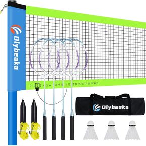 Portable Badminton Net with 4 Aluminum Badminton Rackets, Durable Badminton Net Set for Backyard, Stable Game Net System with Carring Bag