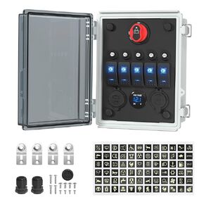 Joinfworld 5 Gang Rocker Switch Box Marine Toggle Switch Panel Waterproof 12V LED Lighted with Breaker USB Charger LED Voltmeter for Boat Automotive Car Truck