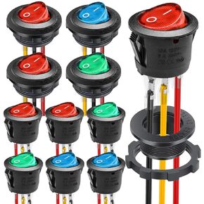Waterproof Round Rocker Switch, Waterproof Toggle Switch, 10 Pack Red Blue Green LED Toggle Switch, AC 6A 125V 10A 250V Rocker Switch, with 4 Pack Shell and 36 Pack Terminal Wire for, Marine, Car