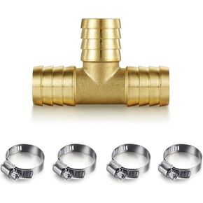 YuanTenhwy Brass 1 PCS 1" (25mm) Hose Barb Tee T 3 Way Union Fitting with 4PCS Pipe Clamps, Intersection/Split,Water/Fuel/Air