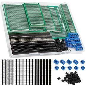 174-Piece PCB Circuit Board Prototype Kit, Double-Sided Perf Boards in 6 Sizes (Large, Medium, Small), Compatible with Arduino, Includes 40-Pin 2.54mm Male and Female Headers