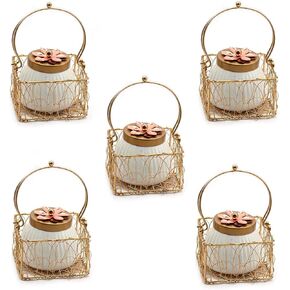 Set of 5 Wholesale Lot Dry Fruit Jar with Golden Net Basket and Lid 4 Inch, Return Gifts, Serving Bowls/Jars for Parties, Wedding Gifts