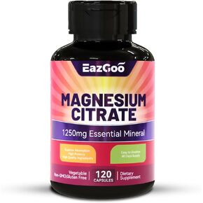 Magnesium Citrate Capsules 1250mg, High Absorption Magnesium Citrate Supplement with Elemental Magnesium, Extra Strength Magnesium Supplement, Non-GMO, Gluten-Free, 120 Vegetable Capsules