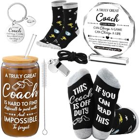 5 Pcs Coach Gifts Thank You Gifts for Coach Coach Appreciation Gifts Best Coach Ever Include 1 Coach 16 oz Glass Coffee Cup 1 Whistle with Lanyard 1 Pair Socks 1 Keychain 1 Coach Plaque Decor