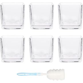 Set of 6 Square Glass Vases 4 x 4 Inch, Clear Cube Flower Vases with Sponge Brush, Candle Holders, Decorative Centerpieces for Home, Events or Weddings