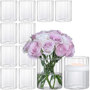 12Pcs Glass Cylinder Vases for Centerpieces, 4 Inch Clear Ribbed Flower Vases for Wedding Decorations, Clear Floating Candle Vases in Bulk, Hurricane Candle Holders for Table Centerpieces, Home Décor