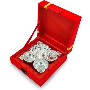 NOBILITY Silver Plated Diya with Red Velvet Gift Box Panchmukhi Dia Pooja Items Diwali Decoration Puja Gifts Handmade Oil Lamp Traditional Indian Deepawali Gift Items 6 Sets