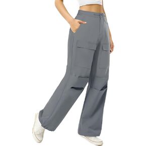 Cargo Pants for Women Wide Leg Hiking Pants Lightweight Ruched Casual Baggy Joggers Elastic Waist with 4 Pockets Grey
