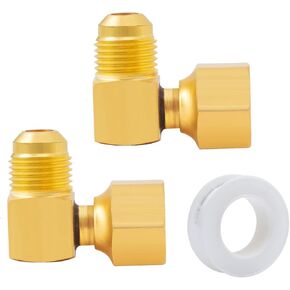 SUNGATOR 90° Elbow Flare Fitting, 3/8" Female Swivel Flare x 3/8" Male Flare Connector, Brass Elbow Fitting Replacement for Olympian Low Pressure Gas Fired Heaters, with An Extra Sealing Tape(2-Pack)