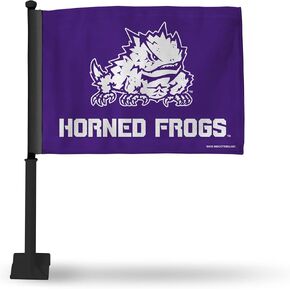 Rico Industries NCAA TCU Horned Frogs Alternate Car Flag W' Black Pole Double Sided Car Flag - 16" x 19" - Strong Pole that Hooks Onto Car/Truck/Automobile