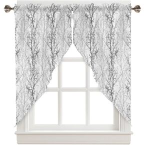 Yellow Grey Swag Valances for Windows 2 Pack, Pastoral Botanical Kitchen Window Curtains 36 Inch Length, Gray Branch Aesthetics Privacy Swag Curtains for Living Room/Bathroom with Rod Pocket 36"x36"