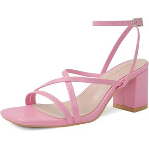 Shoe'N Tale Strappy Heels for Women Block Chunky Heels Open Square Toe Ankle Strap Buckle Sandals(9.5,A-Natural Nude)