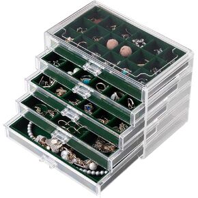 Frebeauty Acrylic Jewelry Organizer Earring Organizer Box with 5 Drawers Earring Holder Organizer with Velvet Trays Clear Jewelry Box for Women Earring Display for Rings Studs(Purple)