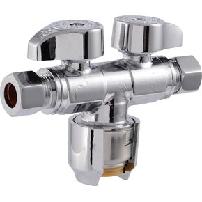 SharkBite Max Dual Shut Off Quarter-Turn Brass Ball Valve, 1/2 Inch Push to Connect x 3/8 Inch OD Compression x 3/8 Inch OD Compression, Chrome, URDS123838